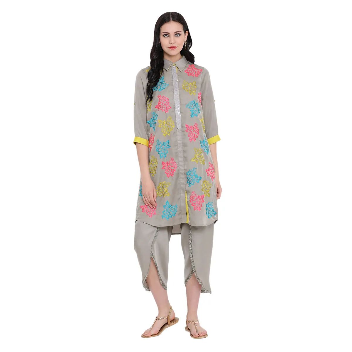 Grey tunic with multi colour flower