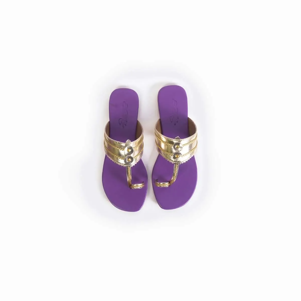 Light Gold Kolhapuri Flats With Purple Sole By Sole House