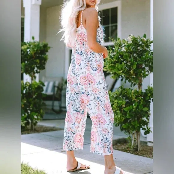 Pink Floral Spaghetti Straps Wide Leg Jumpsuit