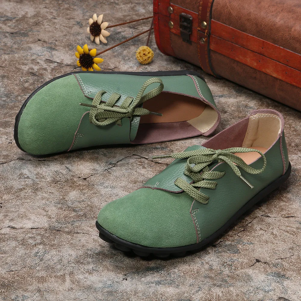 Plus size Women Lace Up Leather Flats Soft Casual Shoes