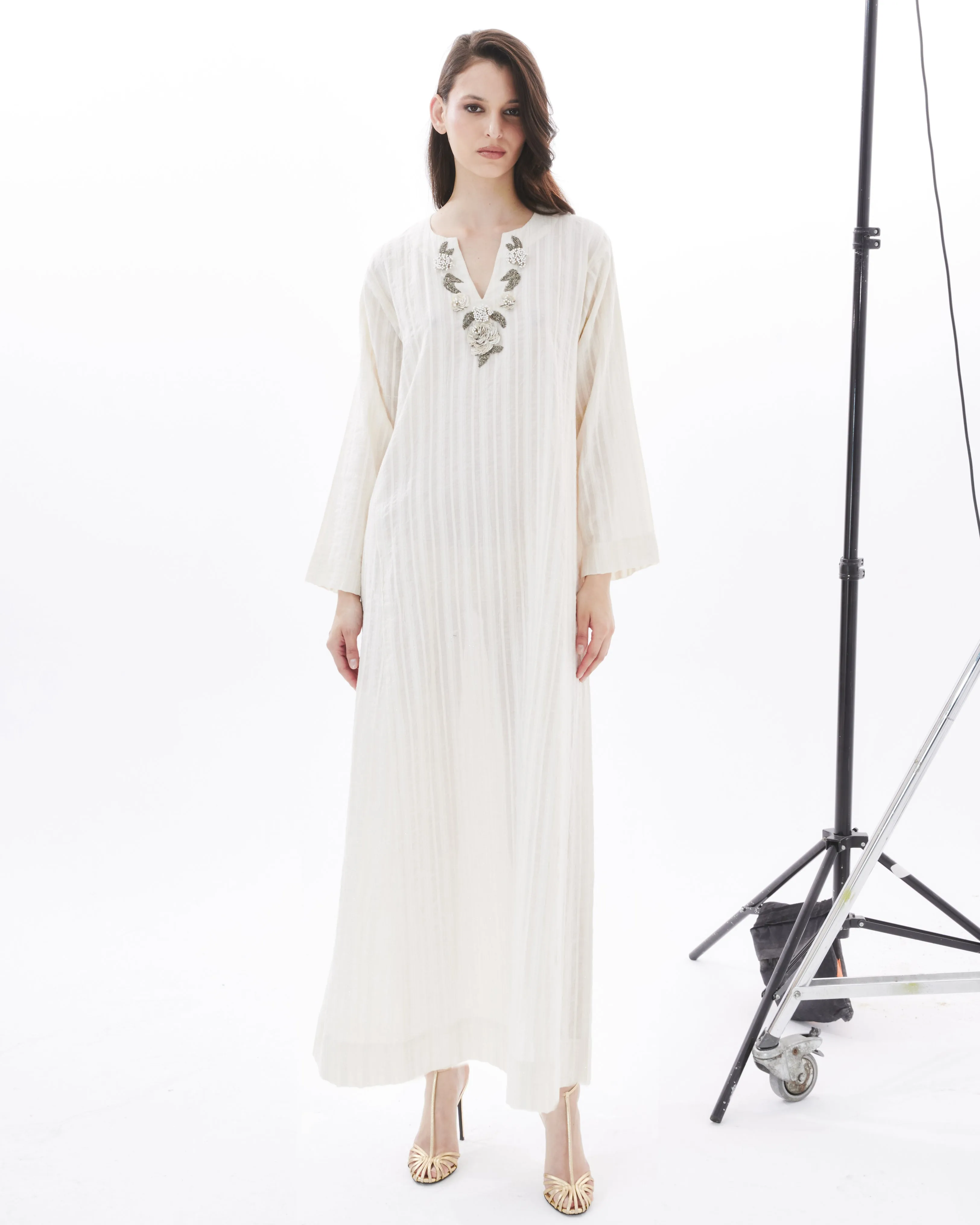 SILVER YASMINE ON ECRU AMAL DRESS
