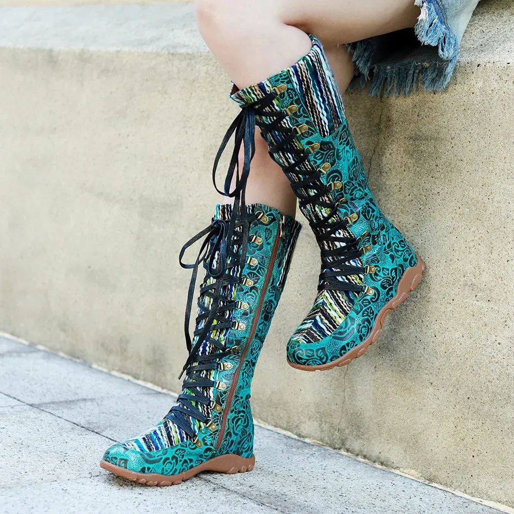 Vintage Printed Wool Patchwork Lace-Up Comfortable Flat Heel Long Boots