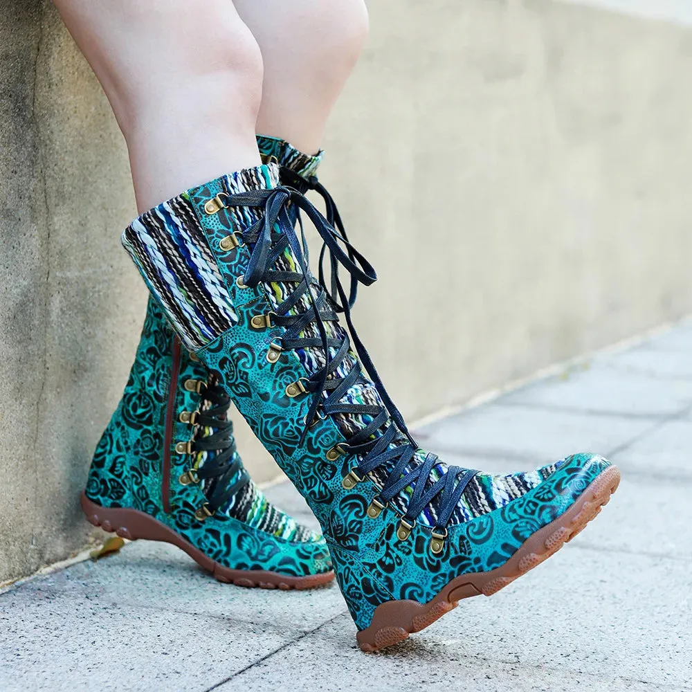 Vintage Printed Wool Patchwork Lace-Up Comfortable Flat Heel Long Boots