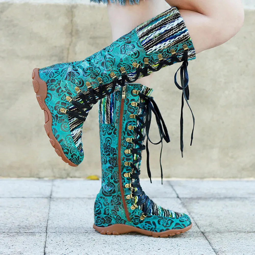 Vintage Printed Wool Patchwork Lace-Up Comfortable Flat Heel Long Boots