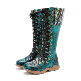 Vintage Printed Wool Patchwork Lace-Up Comfortable Flat Heel Long Boots